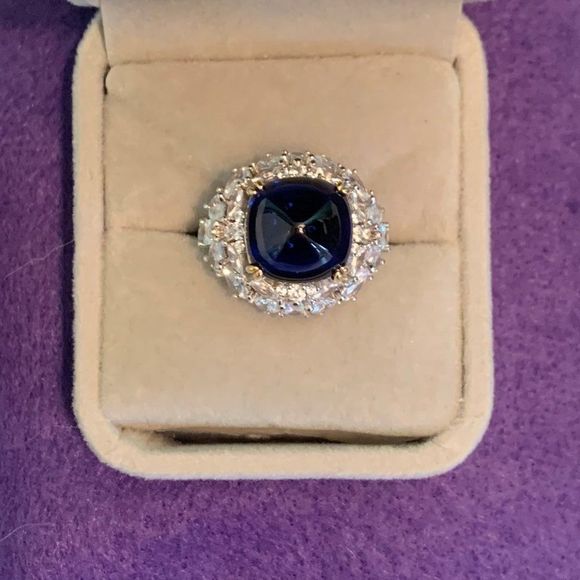 Sapphire ring, new, no tags, solid sterling, domed sapphire, white diamonds sz 7 - Picture 1 of 12